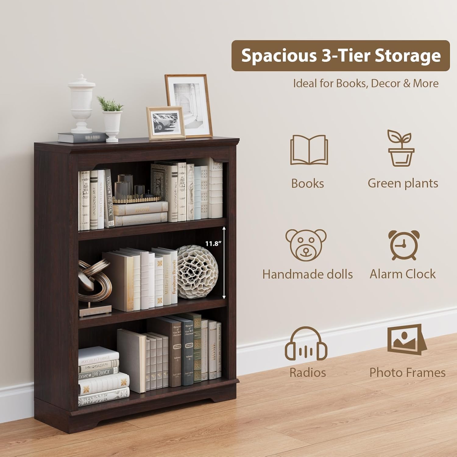 HIFYOBRO 3 Tier Bookshelf and Bookcase, 31.5" Wide Wooden Book Shelf, Freestanding Qpen Display Storage Bookshelves for Study Room, Home Office, Living Room(Chery) - Image 4