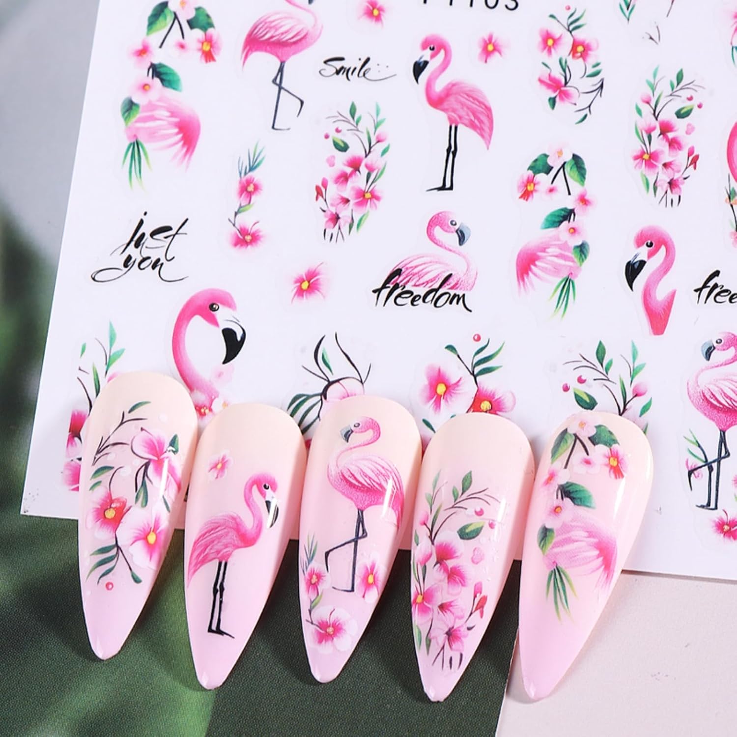 Flamingo Nail Art Stickers 3D Self-Adhesive Flowers Nail Stickers Pink Flamingo Floral Nail Decals Animal Flower Design Cute Spring Summer Nails Art Supplies for Women Manicure Decoration 6 Sheets
