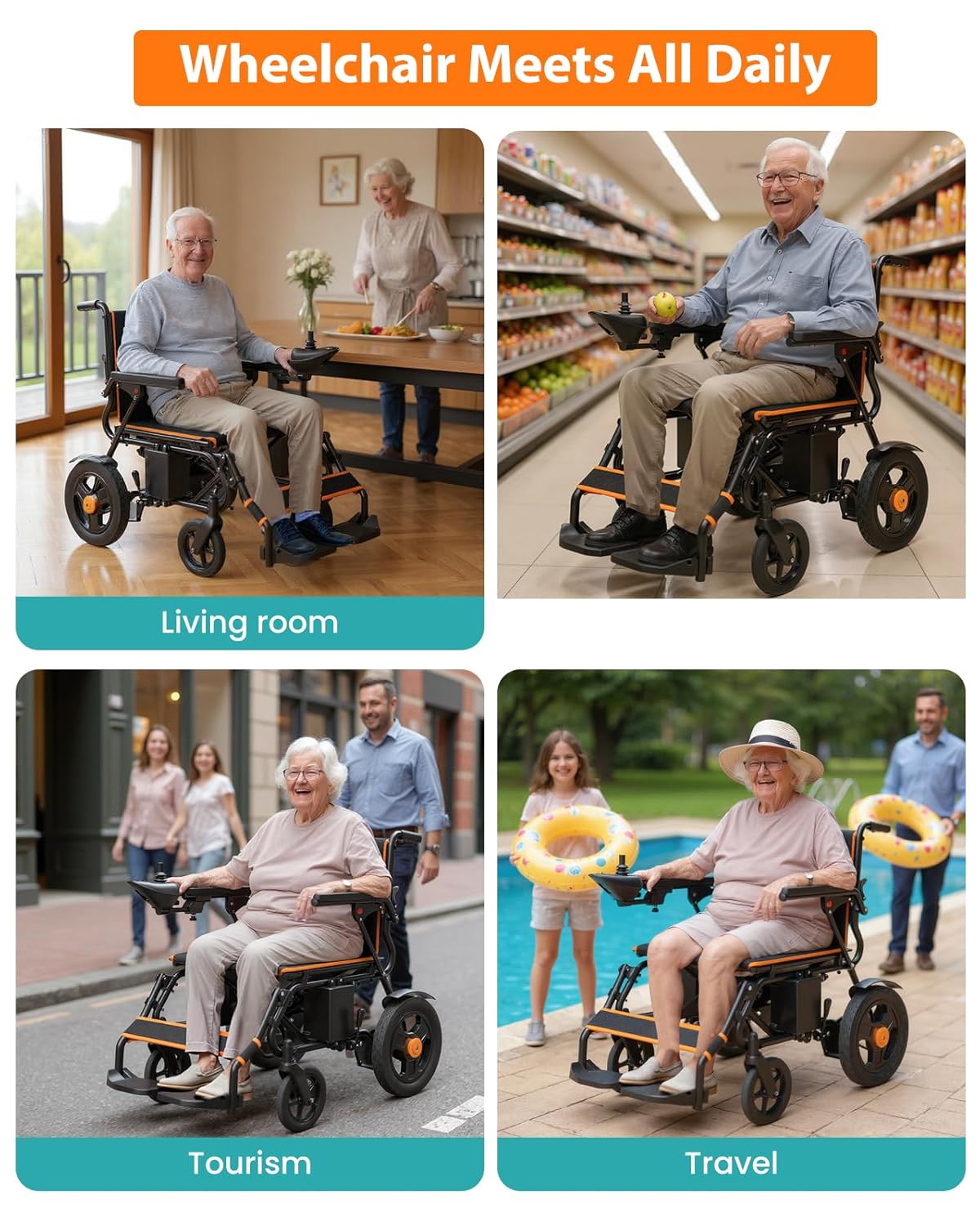 Infographic showing 15 miles travel range, 5 hours charging time, 24V 12AH battery, and 3.7 MPH maximum speed for the electric wheelchair