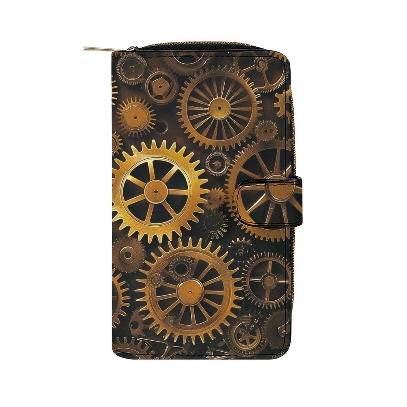 Amoewccr Mechanical Metal Steampunk Leather Wallets,Long Wallet Purse,Slim Thin Leather Bifold Card Holder Wallet,Adjustable Buckle,Multi Cards Case,