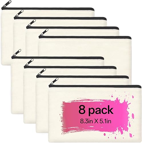 ZeeDix Bolsa de lona, bolsa de cosméticos multiusos con cremallera, bolsa de lona con cremallera para manualidades, bolsas de maquillaje en blanco,