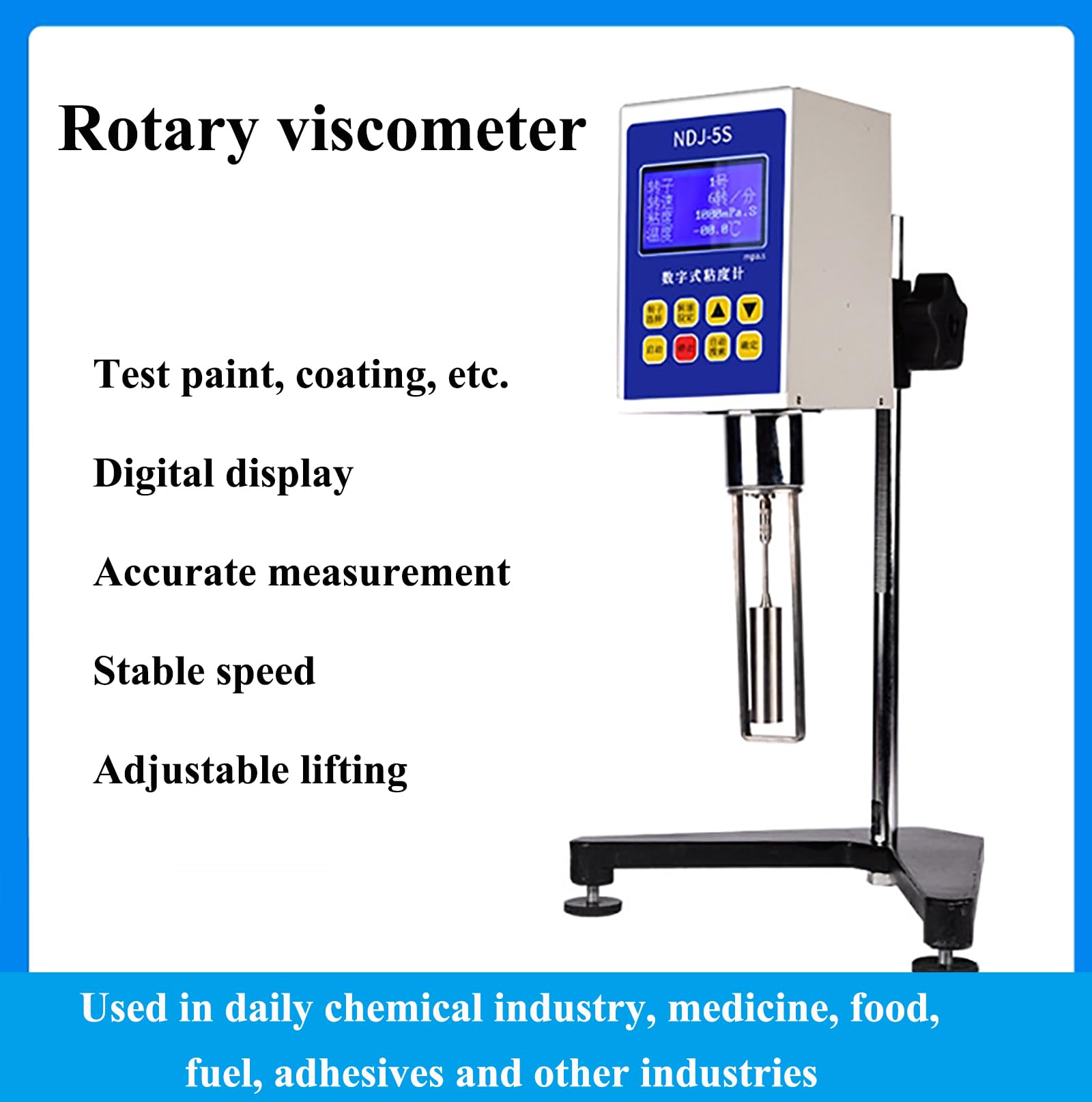 Viscosímetro digital giratorio con pantalla LCD, 4 rotores, rango de medición 1-100000 mPa.s, ± 3% de precisión, 4 velocidades para viscosidad de fluidos y reología