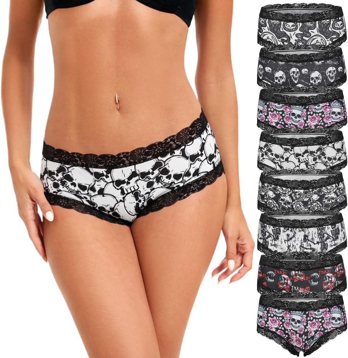 SYVIN Women 8pcs Cute Halloween Allover Skull Print Hipster Panties, Lace Trims Low Rise Bikini Comfortable Underwear - Image 2
