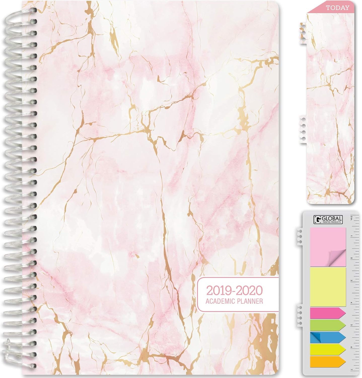 HARDCOVER Academic Planner 2019-2020: (June 2019 Through July 2020) 5.5 Daily Weekly Monthly Planner Yearly Agenda. Bonus Bookmark, Pocket Folder and Sticky Note Set (Pink Marble)