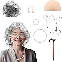 Conjunto de Disfraces de Abuela Set 9 Piezas, Peluca de Abuela Kit con Lentes, Joyas de Perlas y Bastón Inflable, Juego de Peluca de Abuela, Disfraz de Anciana para Cosplay, Halloween, Navidad