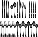 24-Piece Black Silverware Set with Steak Knives Black Stainless Steel Flatware Set for 4 Food Grade Tableware Cutlery Set Rust-proof, Mirror Polished, Dishwasher Safe