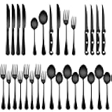 24-Piece Black Silverware Set with Steak Knives Black Stainless Steel Flatware Set for 4 Food Grade Tableware Cutlery Set Rust-proof, Mirror Polished, Dishwasher Safe
