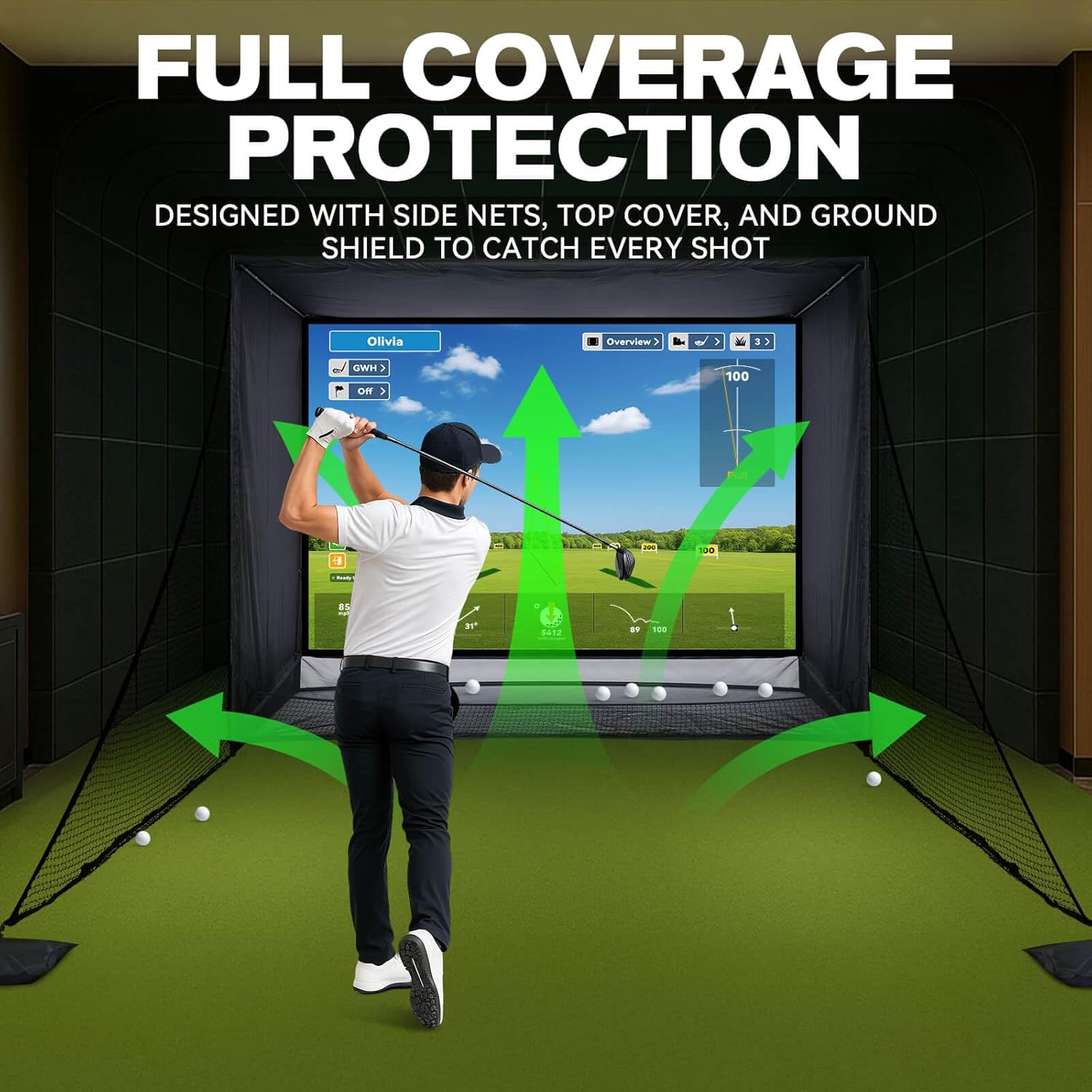 Golf Simulator Enclosure, 11x8FT Golf Net with HD Impact Screen & Side Barriers – Dual-Layer Impact Screen, Foam-Padded Frame, Indoor Cage Net for Home Garage Studio