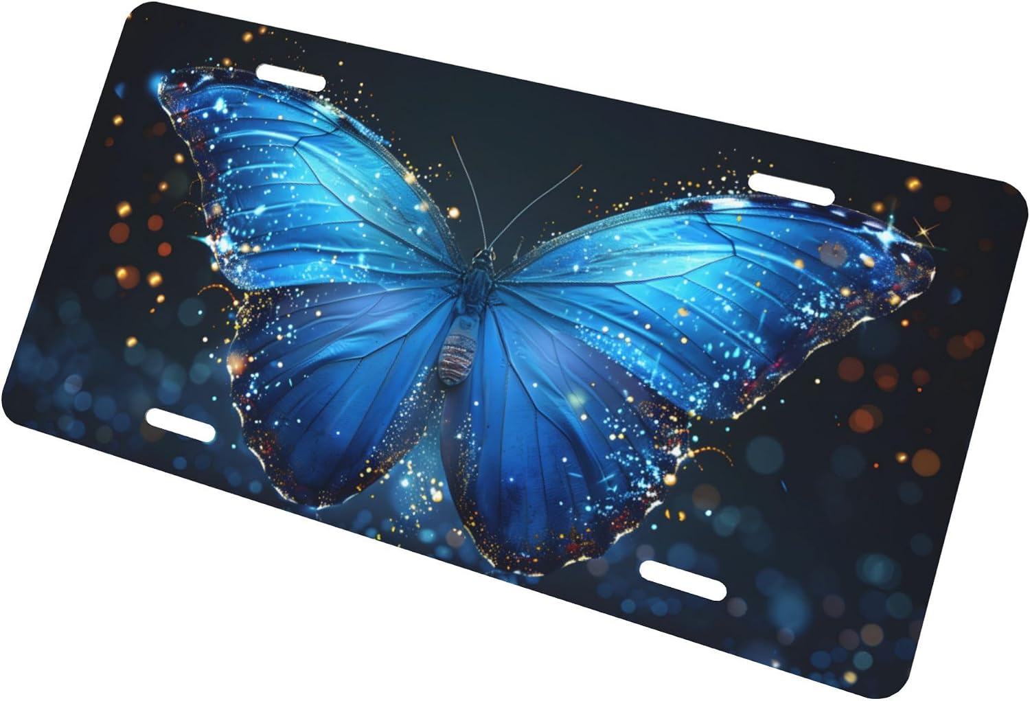 Glowing Blue Butterfly License Plate, Decorative Car Front License Plate, Aluminum Novelty License Plates Vanity Tag Metal Car Plate 6 x 12 in, Made in USA (4 Holes) for Men & Women