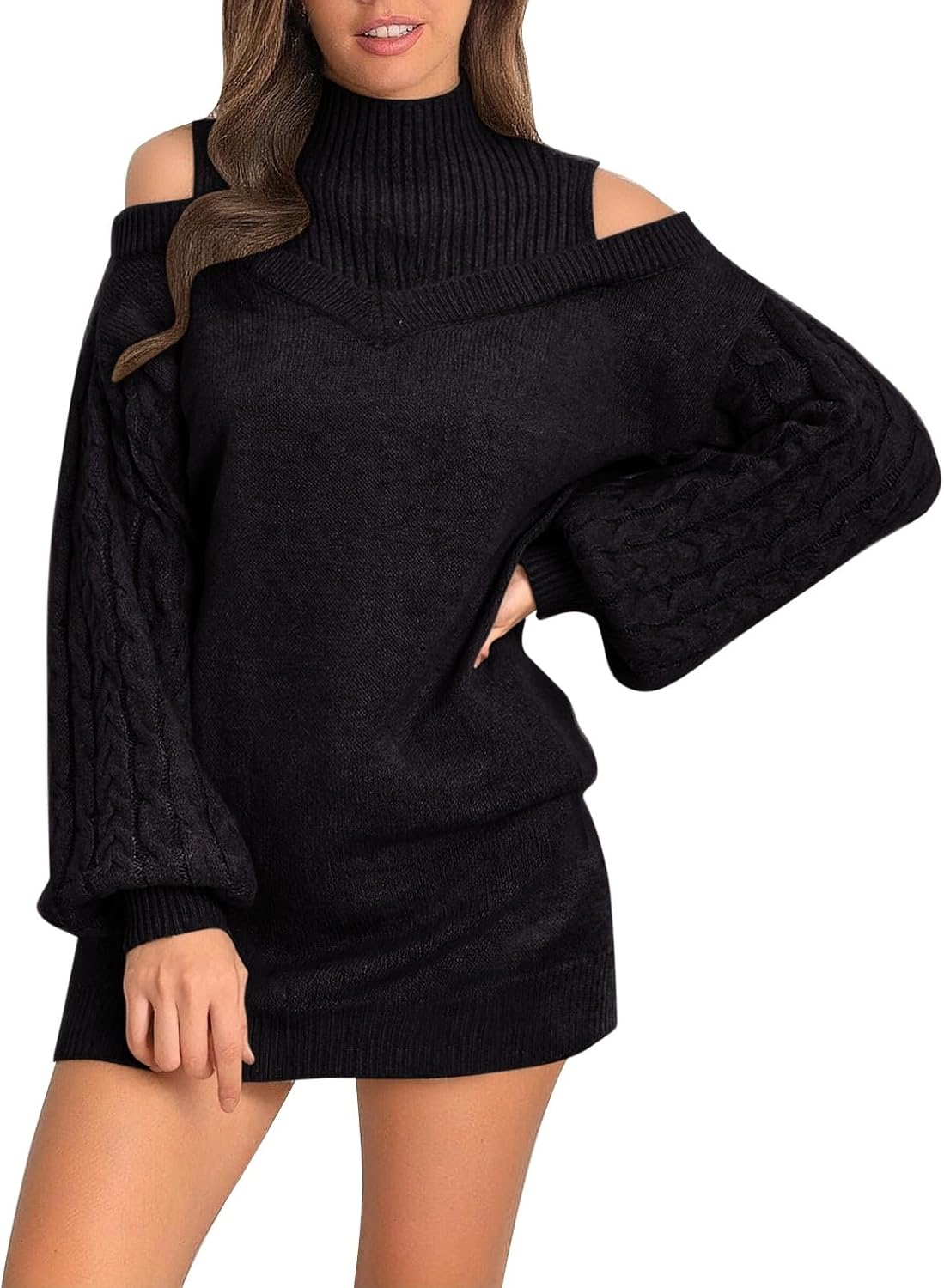 Turtleneck Sweater for Womens Cold Shoulder Lantern Sleeve Pullover Off The Shoulder Cable Knit Sweater Jumper