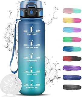 Trinkflasche 1 l – Sportflasche, auslaufsicher, leicht reinigbar, Motivationsflasche mit Zeitmarkierung, Wasserflasche, Blau/Grün