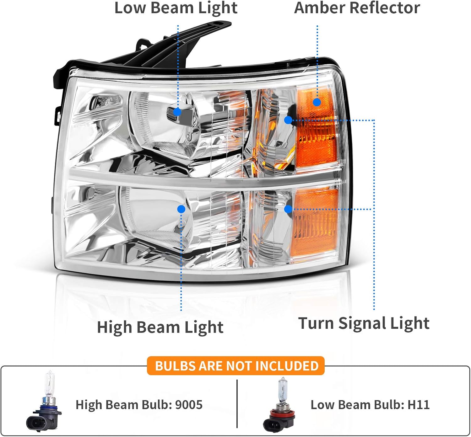 DWVO Headlights Assembly Compatible with 2007 2008 2009 2010 2011 2012 2013 Chevy Silverado 1500/2007-2014 Silverado 2500 HD 3500 HD Headlamp Pair, Chrome Housing Amber Reflector Clear Lens