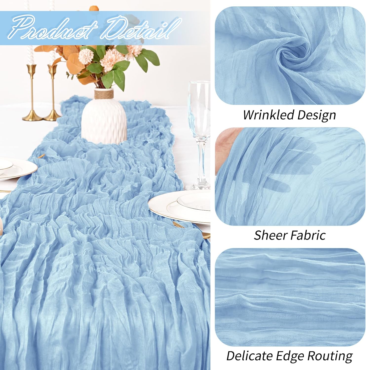 Condition photo showing New/Like New for 15 pack baby blue cheesecloth table runner 17 x 108 inch cheese cloth table runners 9ft blue table runner rustic romantic sheer gauze runner for wedding party baby shower table decoration 15 pack - 17x108 inch baby blue