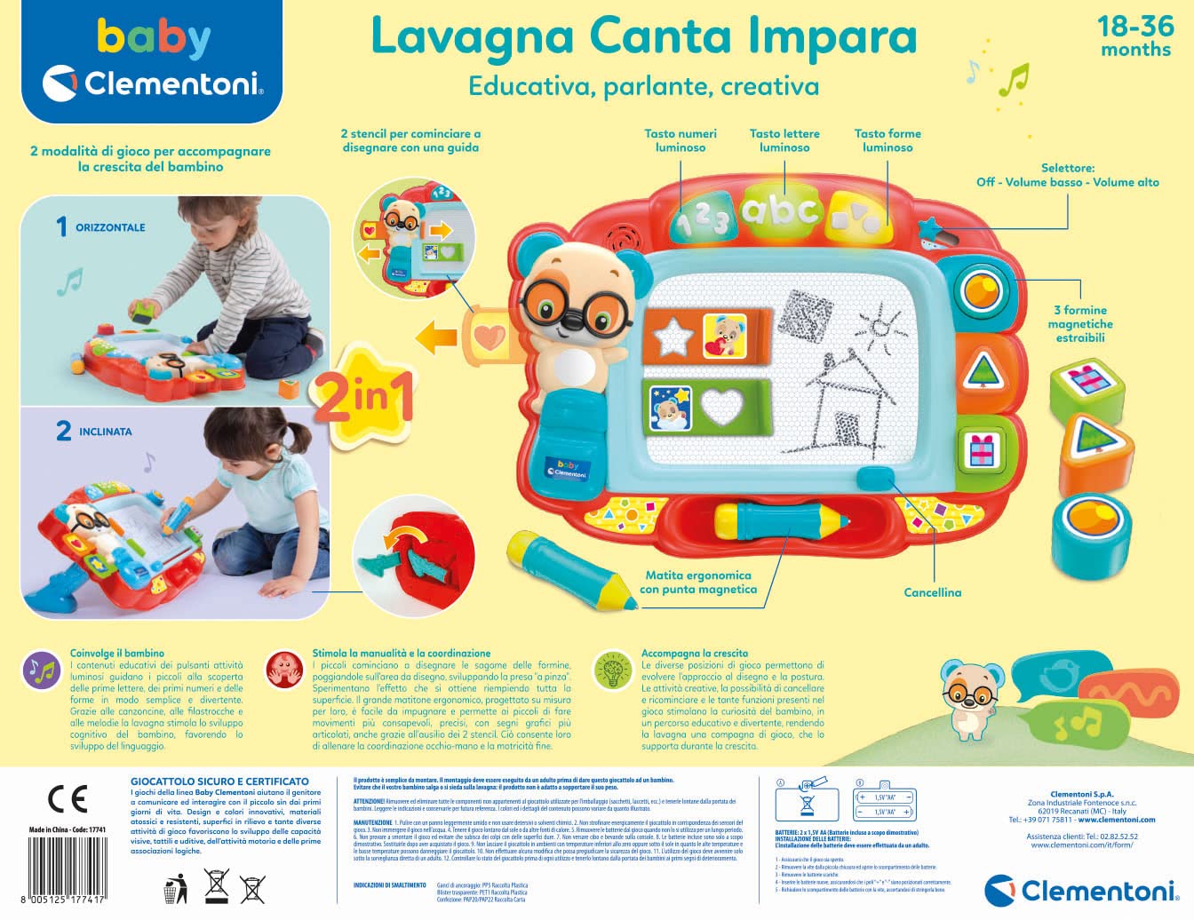 Clementoni - Pizarra Cantarina Interactiva - Centro de Actividades Electrónico - Para Dibujar y Aprender - Juego 2 en 1 para Niños y Niñas - A partir de 18 Meses - Made in Italy - 61434