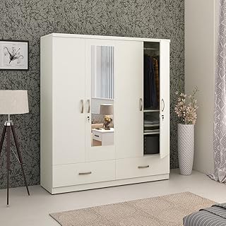 HomeTown Utsav 4 Door Wardrobe with Mirror White | Large White Wardrobe | Wooden Bedroom Storage Furniture India Price In India