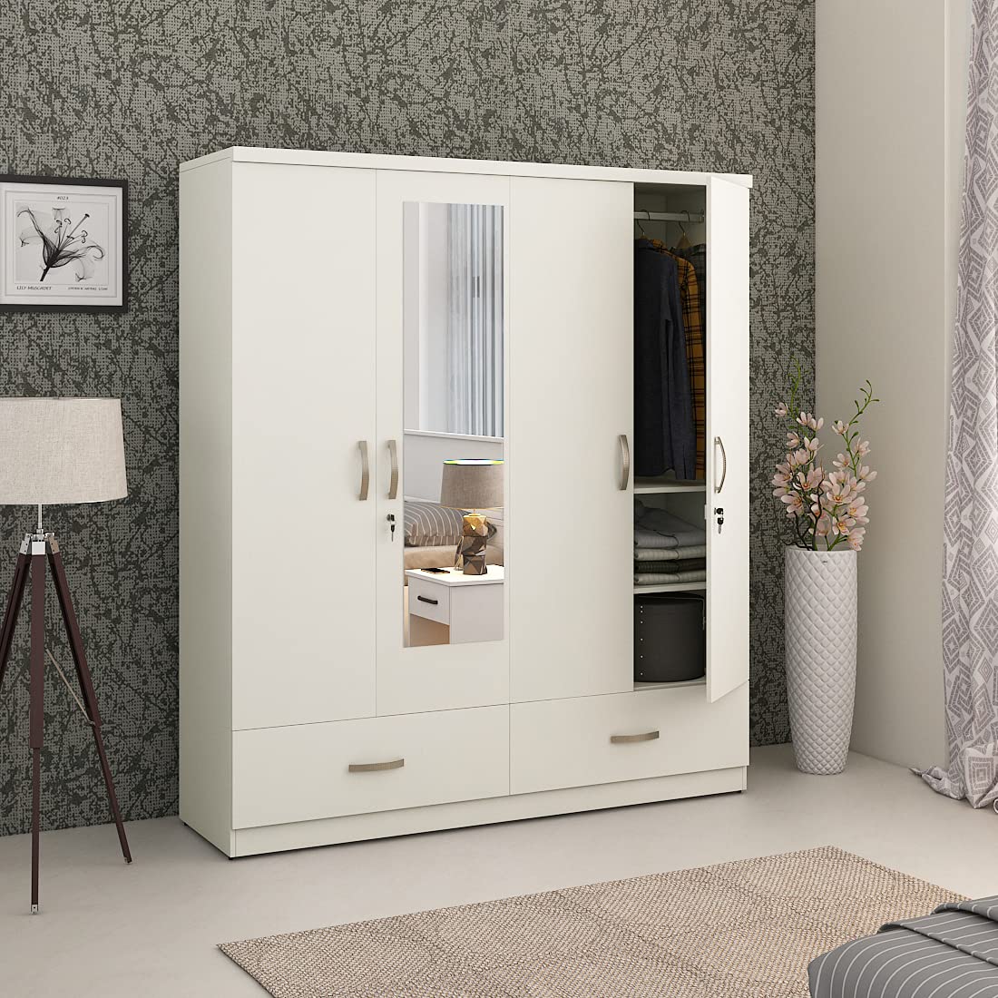 HomeTown Utsav 4 Door Wardrobe with Mirror White | Large White Wardrobe | Wooden Bedroom Storage Furniture India