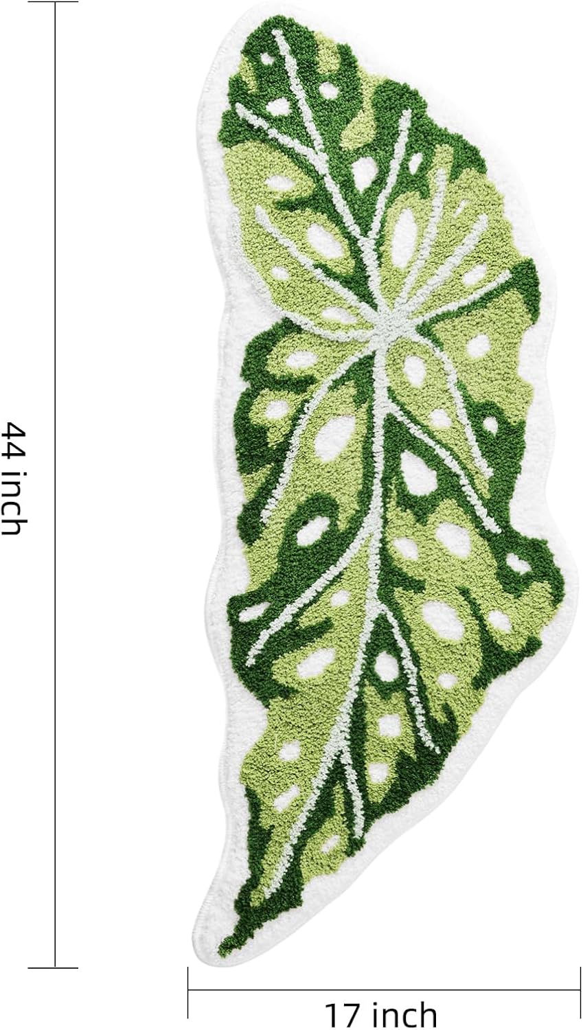 Panstar Green Leaf Bath Mat, Large Begonia Leaf Plant Bathroom Runner Rug Non Slip Absorbent Cute Palm Shaped Bathtub Rug Bathroom Plush Shower Rugs (17"X44")