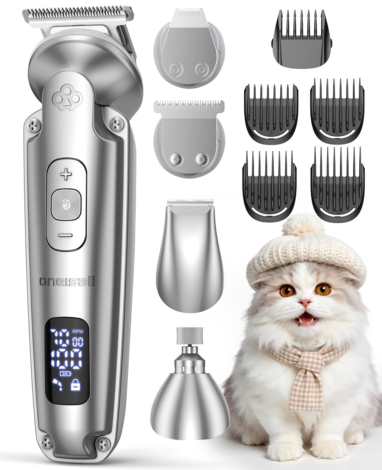 oneisall 4-en-1 Tondeuse pour Chien Chat Professionnelle Sans Fil pour Animaux, Tondeuse à Poil Long Epais avec Affichage, Toilettage Rechargeable 2000mAh, Rasoir pour Chien et Pattes (Argenté)