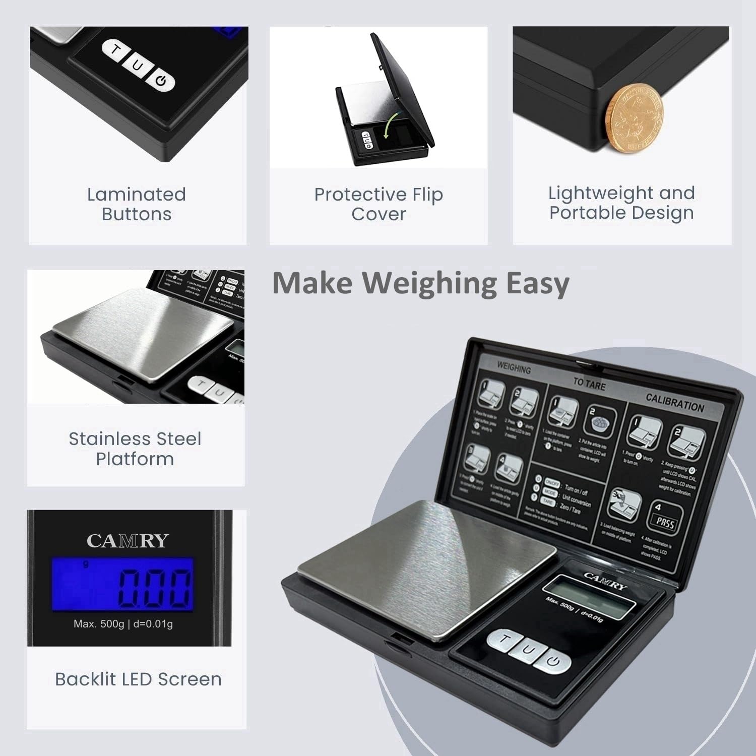 Close-up of the CAMRY Digital Pocket Gram Scale's display and buttons, showing the 'U' button for unit conversion and the various units available: g, oz, ozt, dwt, ct, gn.