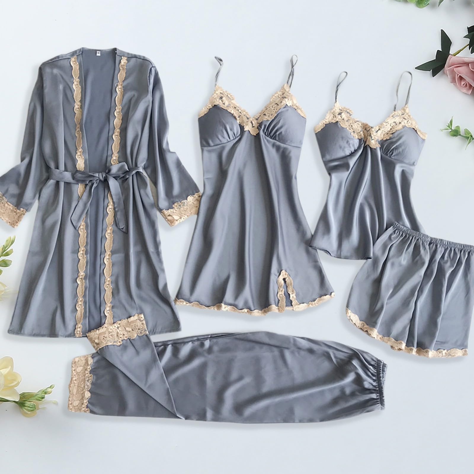 Conjunto genérico pijama mujer seda volante dormir casual encaje noche camisa casa ropa interior