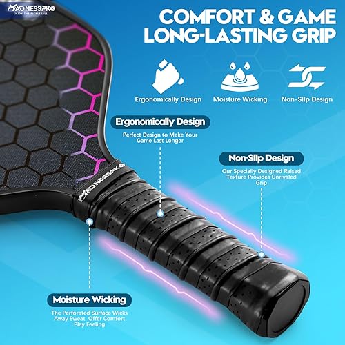 Miniatura 3 de Pickleball Paddles Set of 4 Frosted Fiberglass Rackets Honeycomb Core Pickleball Set with 4 Pickleball Paddles+ 4 Pickleball Balls+ 1 Bag+ 4