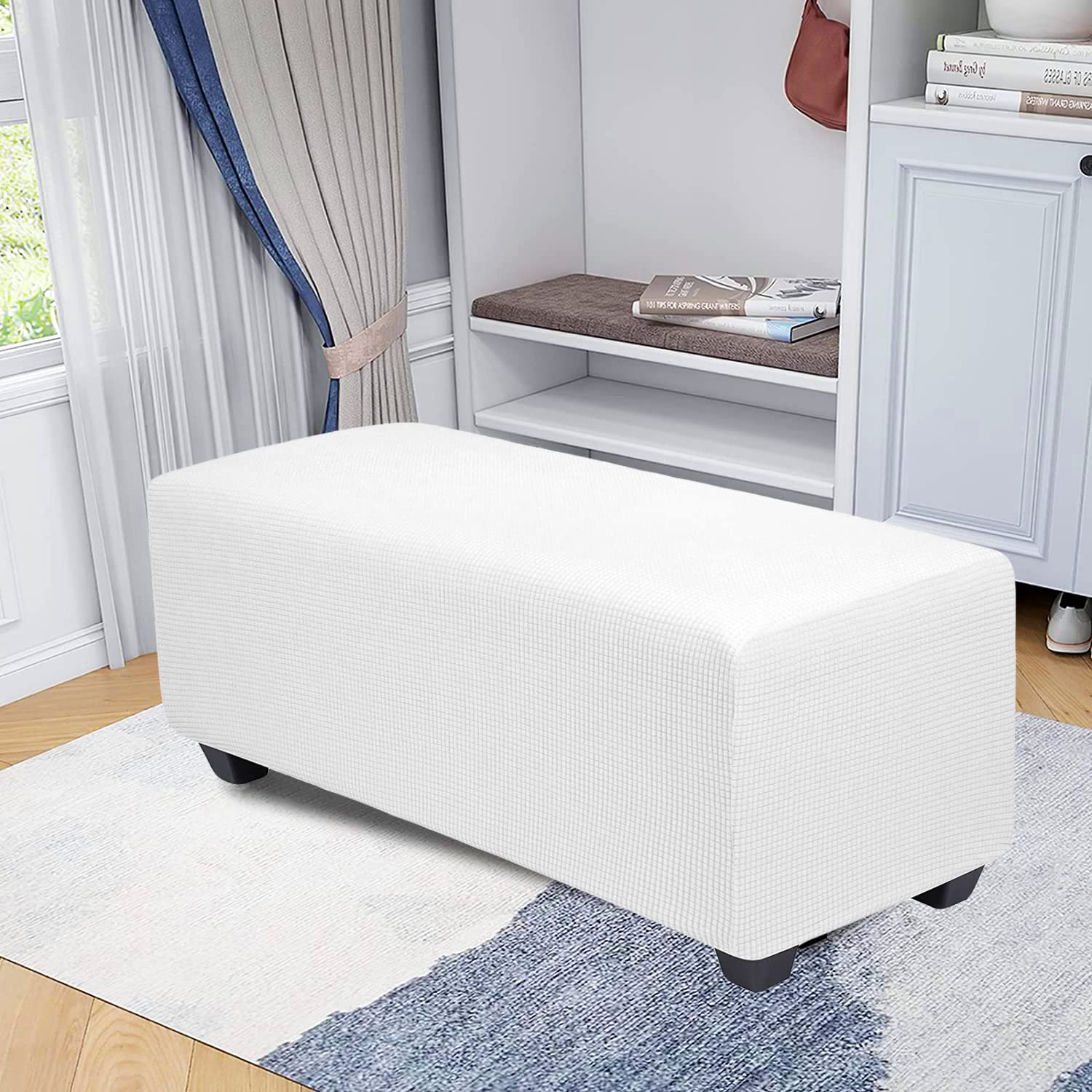 CONRUSER Stretch Ottoman Covers, Soft Jacquard Ottoman Slipcovers Rectangle Storage Stool Cover Footstool Slipcover for Living Room Furniture Protector (White, X-Large)