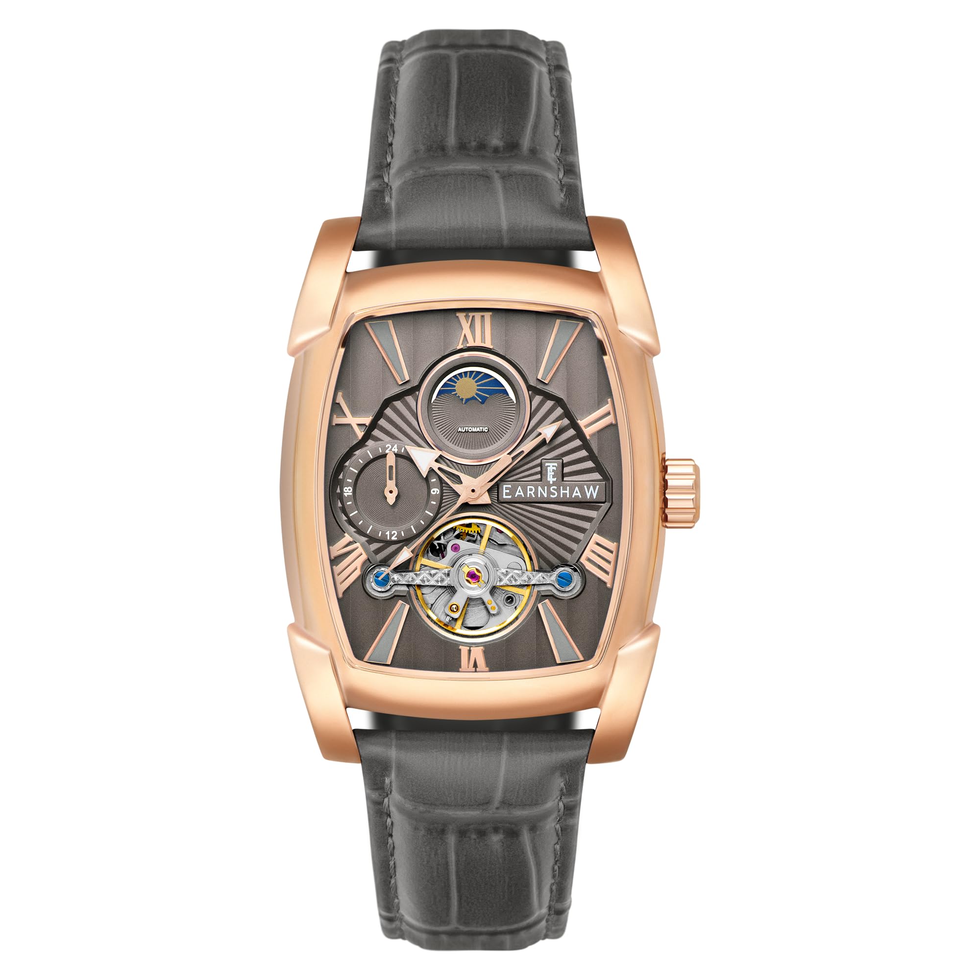 Thomas Earnshaw Men's 37mm Heritage Kensington Multifunction Automatic Silver White Watch with Leather Strap ES-8296-02