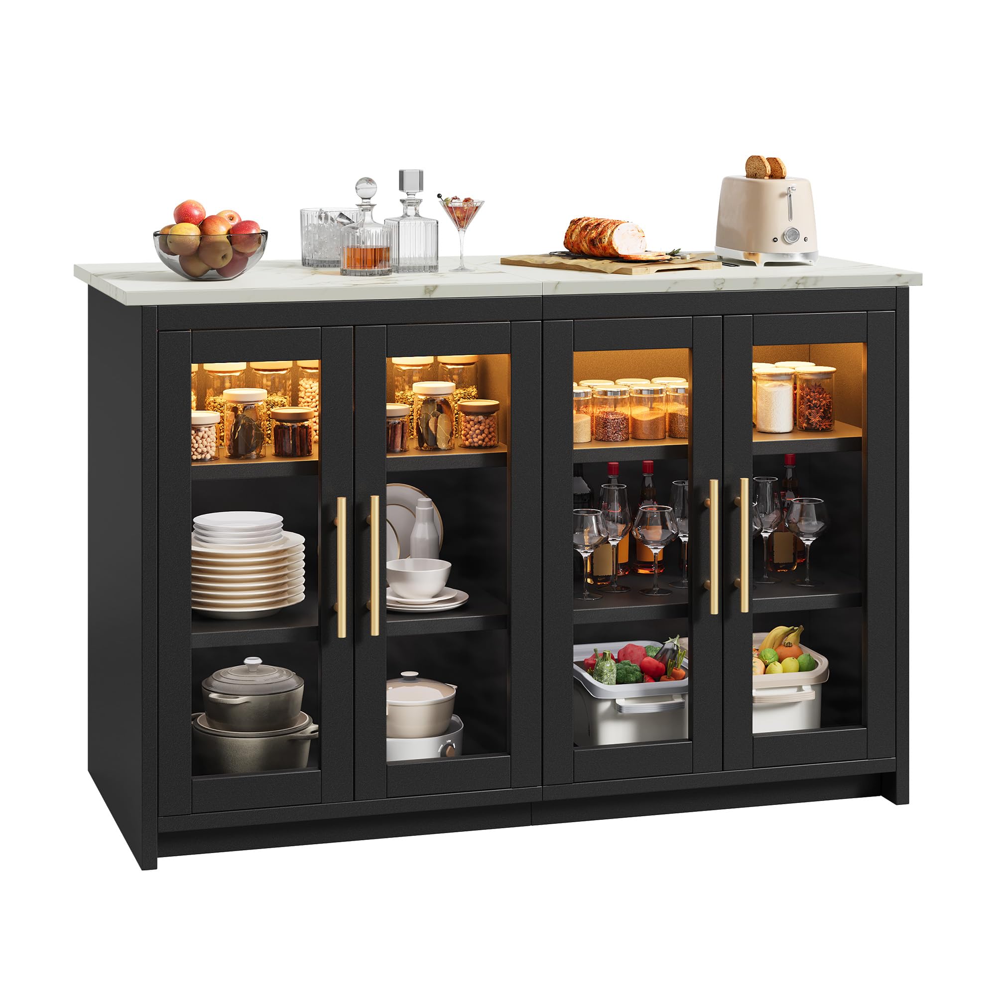 YITAHOME kücheninsel mit arbeitsplatte, Steckdose und LED-Beleuchtung, Frühstückstisch mit Sitzgelegenheit, Doppelschrank mit Acryl-Fronten, dreistufiger Verstellbarer Schrank, Marmoroptik