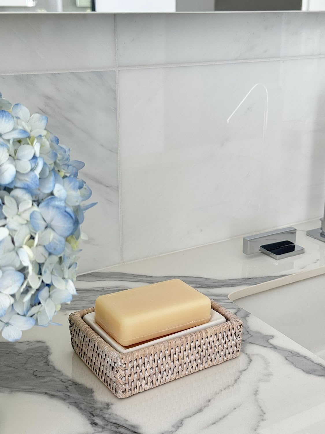 La Jolla Rattan Rectangular Soap Dish, White-Wash