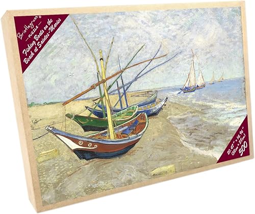 Miniatura 5 de Bristlegrass Rompecabezas de madera de 500 piezas para adultos, pinturas famosas de Van Gogh, barcos de pesca en la playa en Les