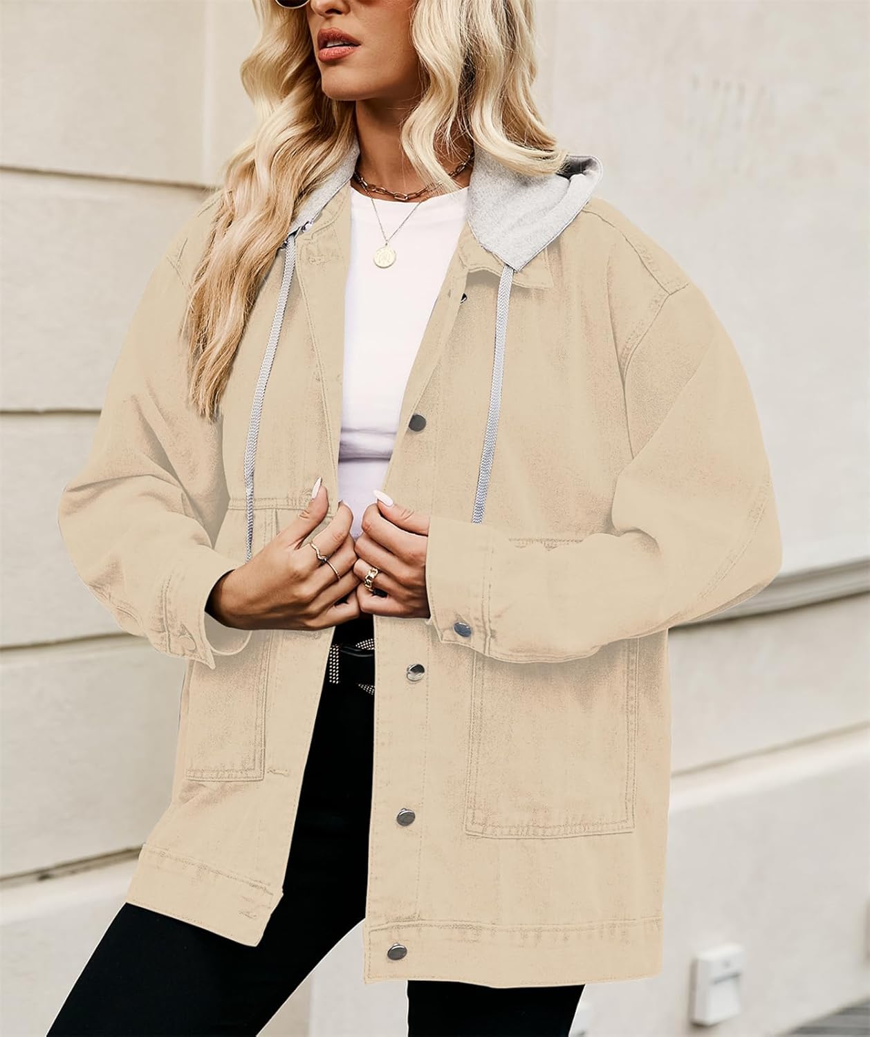 PAODIKUAI Women's Oversized Denim Jacket Casual Long Sleeve Vintage Jean Jacket Top Coat with Detachable Hood - Image 2