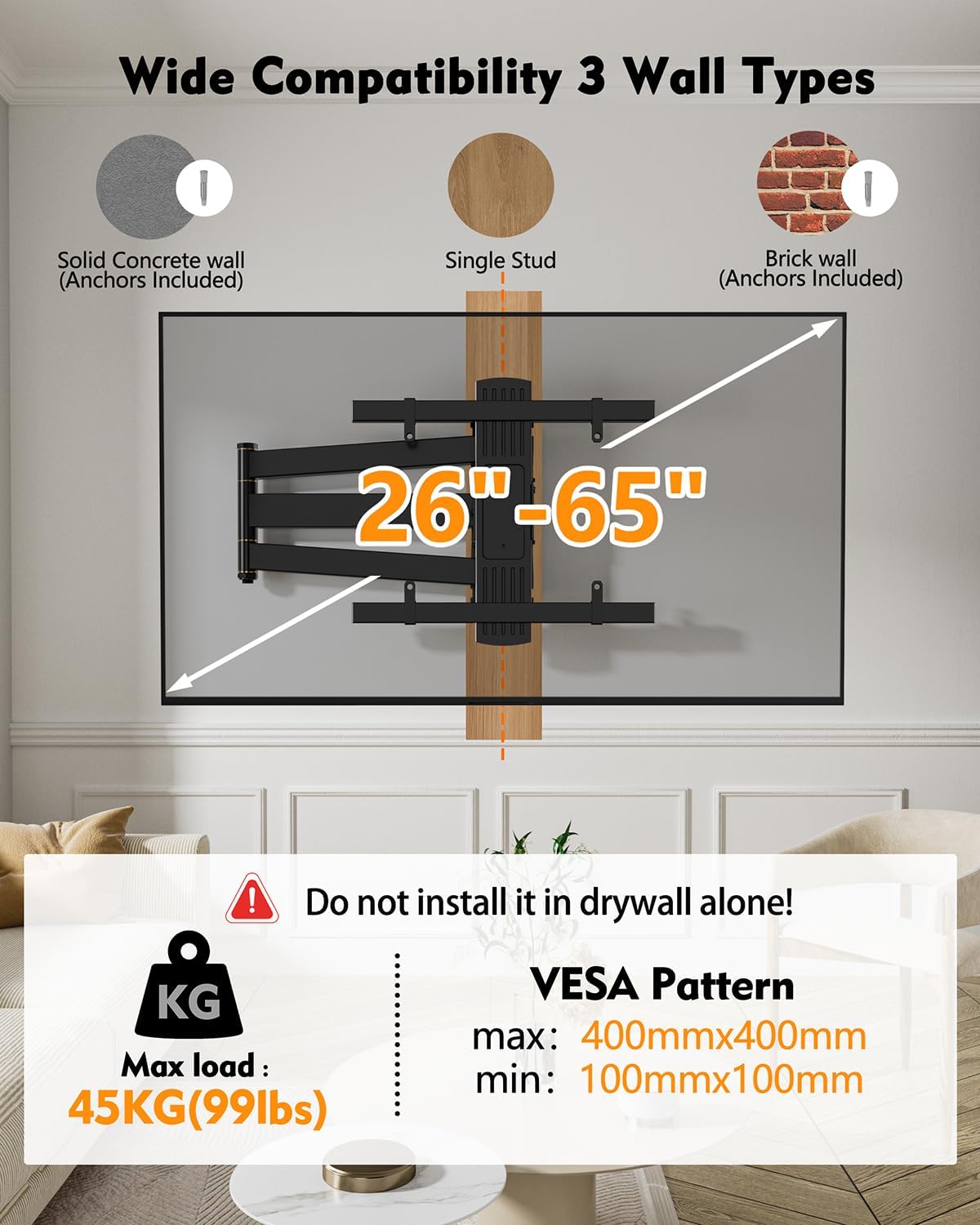 FORGING MOUNT Corner TV Mount Long Arm TV Wall Mount Bracket for 27-70" Screen-Full Motion Wall Mount with 33” Extension Swivel Articulating Arm & Tilt,Single Stud Design VESA 400x400mm, Holds 100 lbs