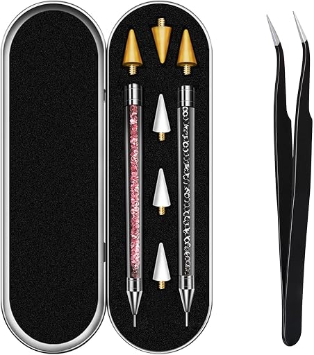 Rhinestone Picker Tool, Dual-ended Rhinestones Applicator Nail Art Design Tool, 2 Pack Acrylic Handle Nail Pen with 4 Extra Wax Tips and1 Tweezer