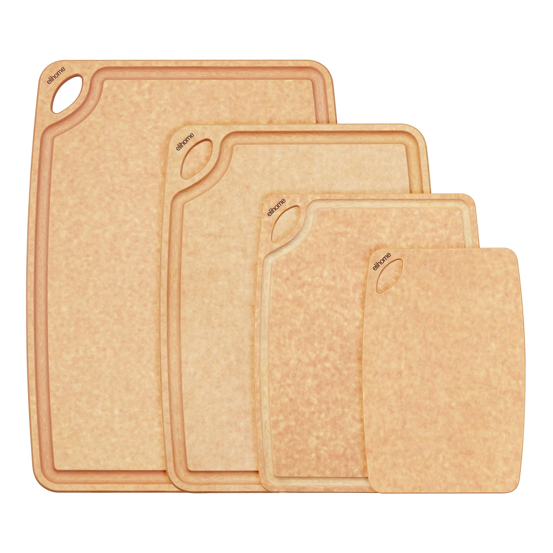 Elihome Set di taglieri 4 in 1 serie Classic per cucina, in fibra di legno naturale, lavabile in lavastoviglie, ecologico, scanalature per succhi con manici facili da impugnare, non poroso, senza BPA,