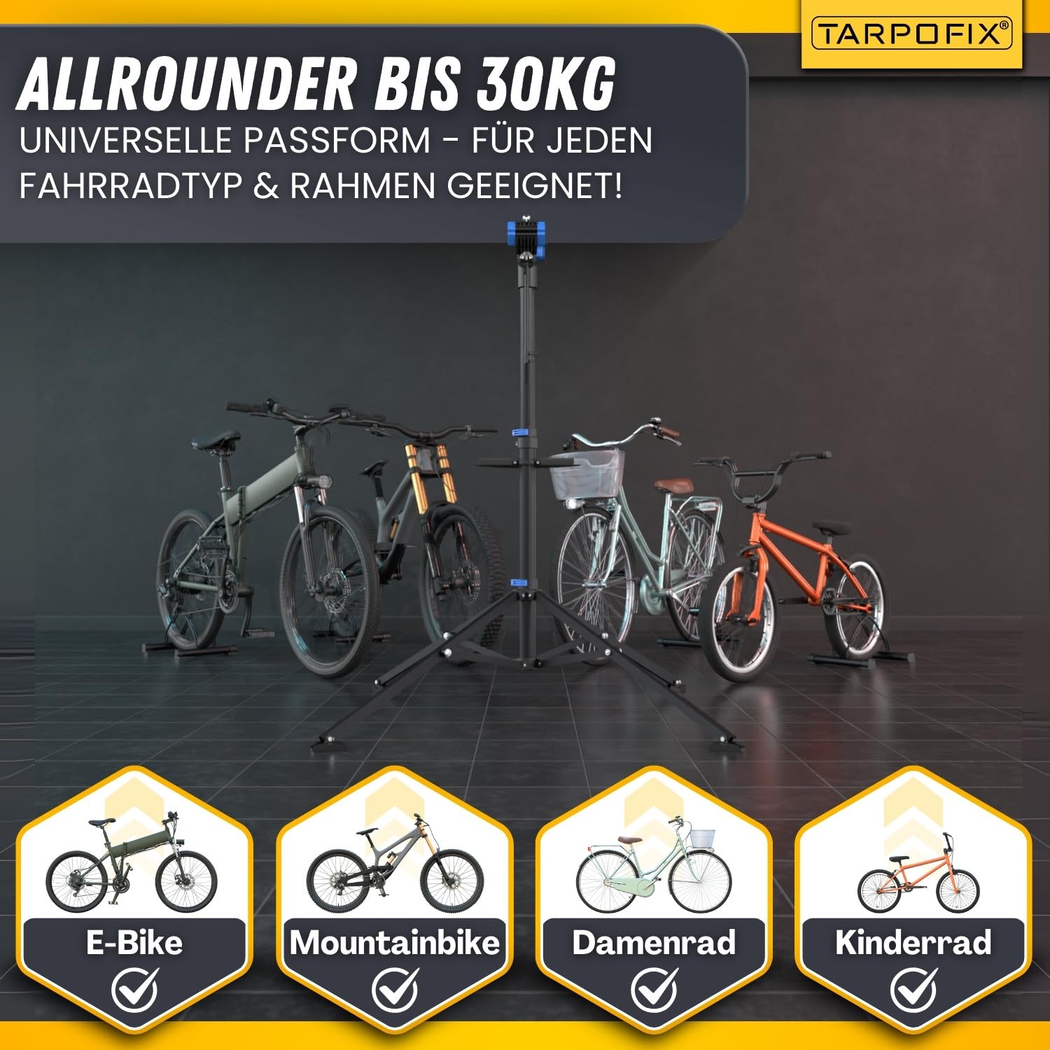 Tarpofix® Fahrrad Montageständer bis 30kg für E-Bike - Reparaturständer | Profi Fahrradständer & Fahrradhalter, höhenverstellbar | Schwerlast Reparaturständer für E-Bike & Fahrrad