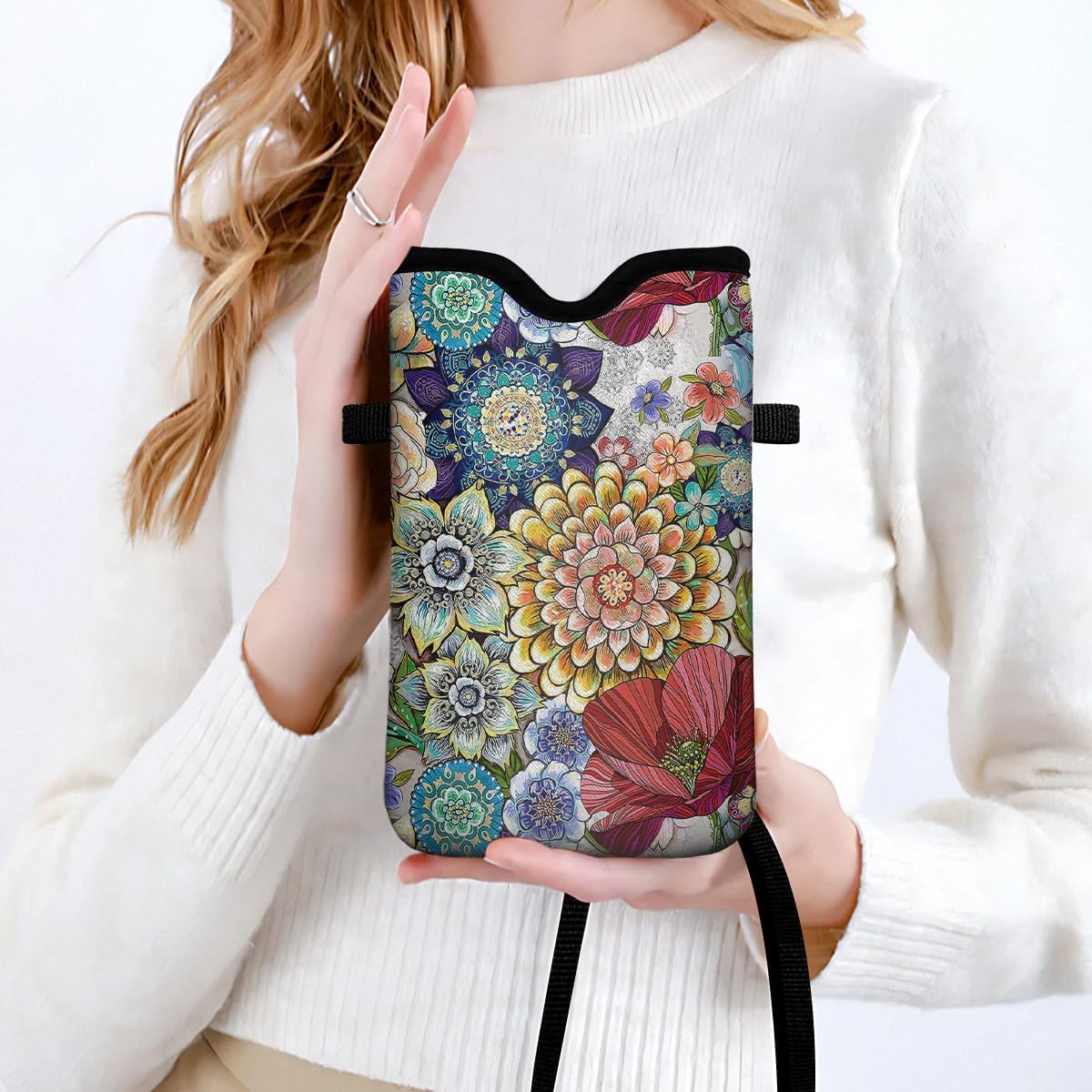IRADA Neoprene Cell Phone Sleeve Pouch Case Bag with Crossbody Strap Neck Lanyard for Women Men 7.6 X 4.3 Inches-Boho Floral Shockproof Universal Phone Bag - Image 5