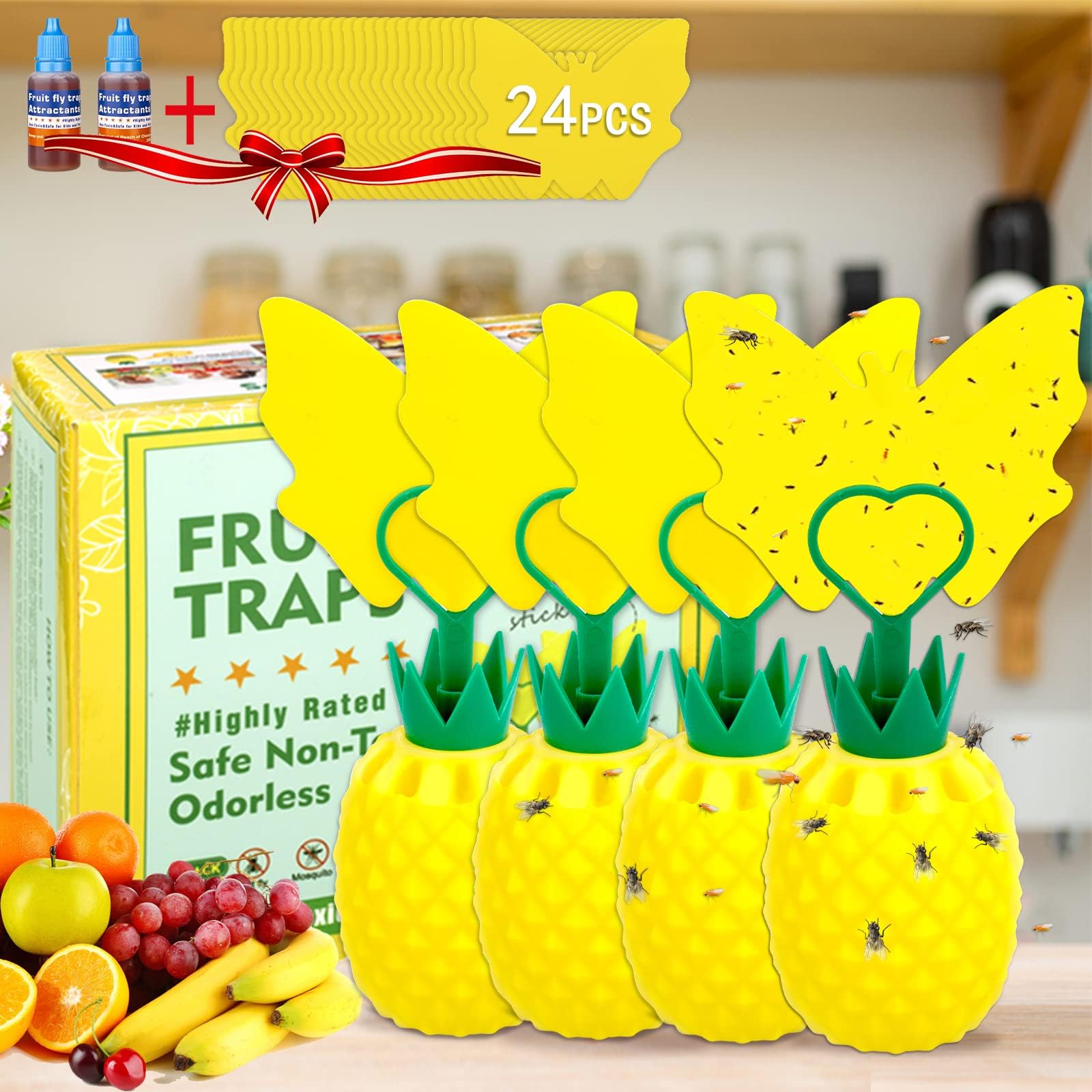 Fruit Fly Traps with Sticky Pads, Fruit Flies Gnat Killer for Plant Indoor Outdoor, Yellow Gnat Sticky Traps, Fly Catcher Gnat Trap Killer, Non-Toxic and Odorless Fly Trap 4 Pack
