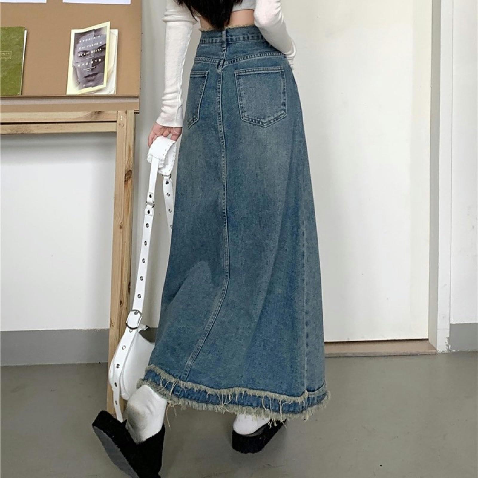 Falda Larga Vintage Azul Mujer Otoño Invierno Cintura Alta Paraguas Borde Crudo Vaquera Y2K