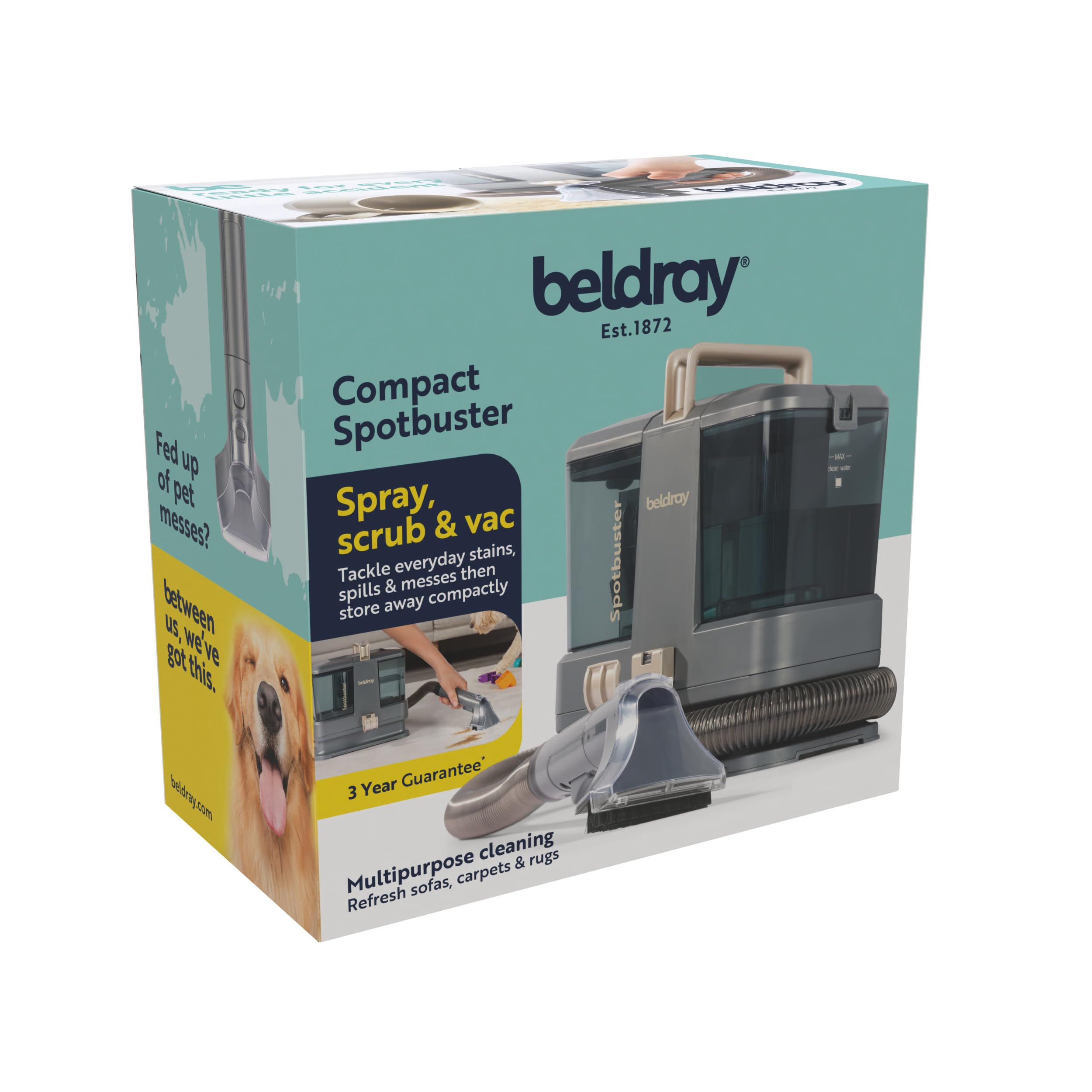 Beldray Polsterreiniger Gerät und Nassauger - Kompakt-Spotbuster, Fleckenreiniger, Verschüttetes, Flecken, Tierhaare, tragbar, 1,3L Doppeltank, Textilreiniger für Teppich, Polster Autositze & Sofa
