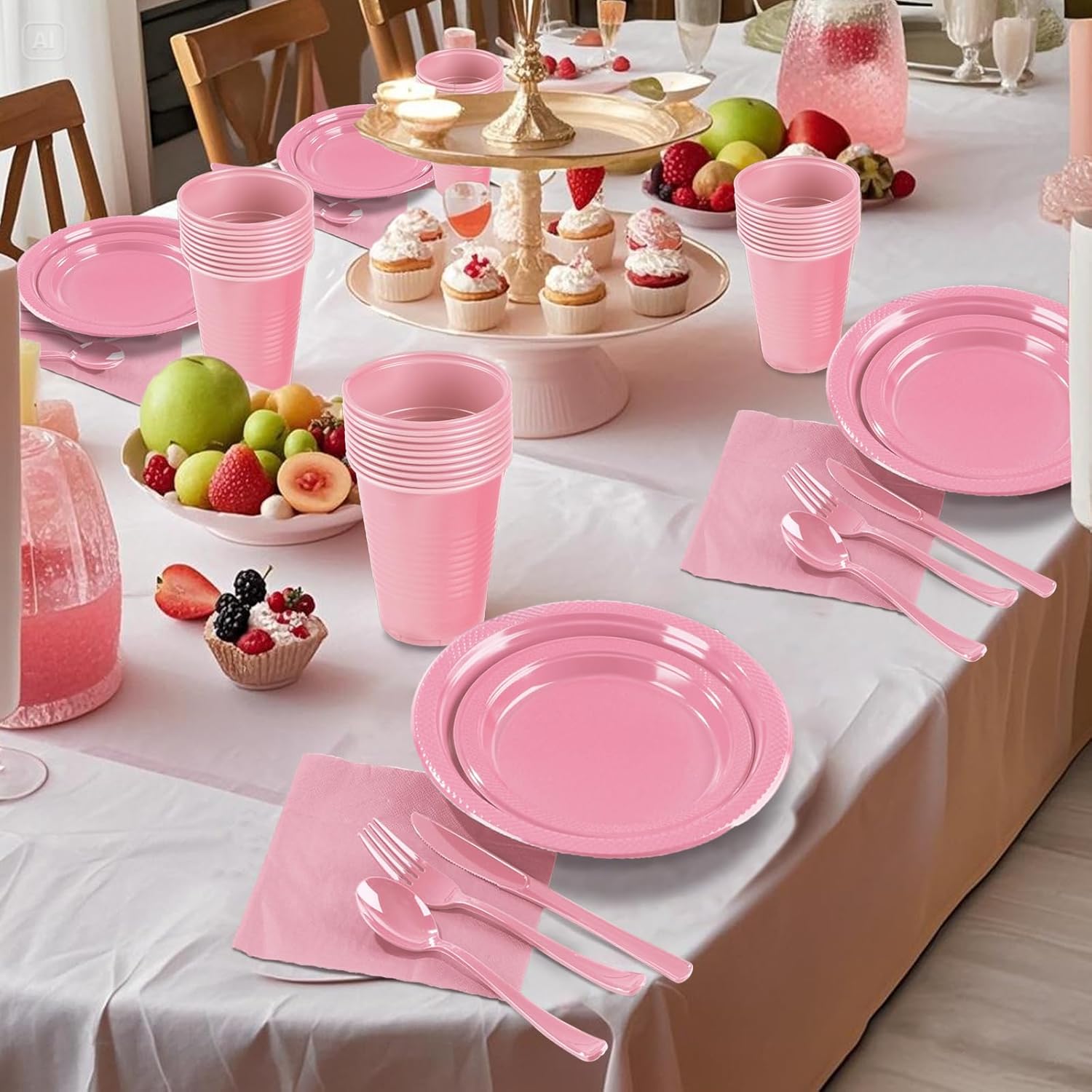 Pink Plastic Plates, 25 Guest Pink Party Supplies Set, Pink Disposable Dinnerware Set, Including Plastic Plates, 12 oz Cups, plastic Cutlery and Paper Napkins for Party Wedding Birthday