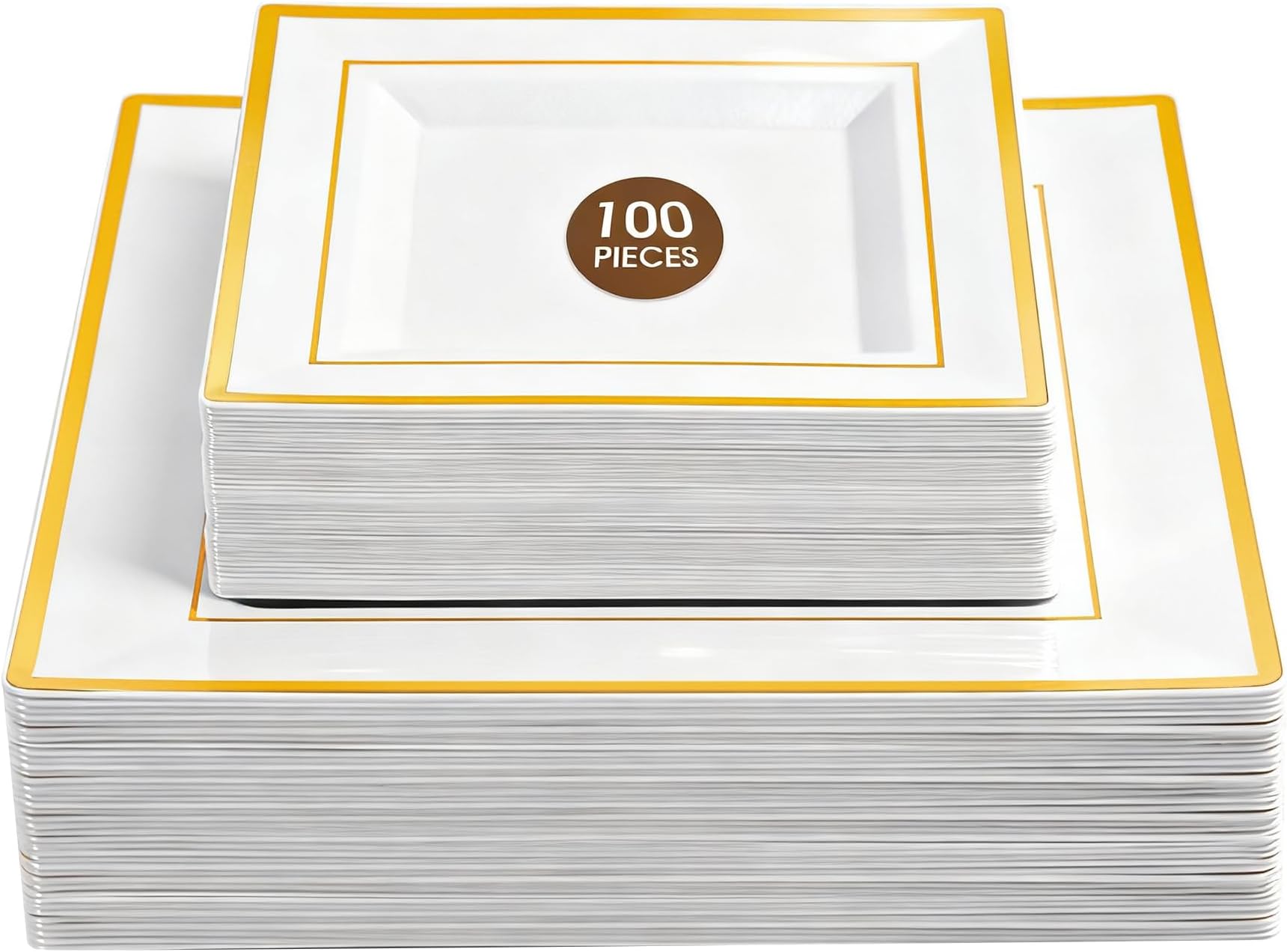 100 Pack Square Plastic Plates, Includes 50 Dinner Plates 9.5" and 50 Dessert Plates 6.5", Heavy Duty Disposable Plates for Wedding, Holiday Party, Birthday, White with Gold Trim
