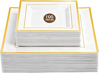 100 Pack Square Plastic Plates, Includes 50 Dinner Plates 9.5" and 50 Dessert Plates 6.5", Heavy Duty Disposable Plates for Wedding, Holiday Party, Birthday, White with Gold Trim