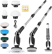 Home Cleaning Rotating Brush, Electric Cleaning Brush with 8 Replaceable Heads and Toilet Brush, 2 Rotation Speeds and Adjustable Extendable Handle for Bathroom