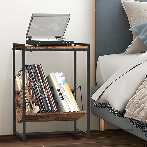 Miniatura 7 de Mesa de almacenamiento de discos de vinilo, mesa auxiliar con estante de almacenamiento de vinilo, soporte para tocadiscos, mesa auxiliar pequeña