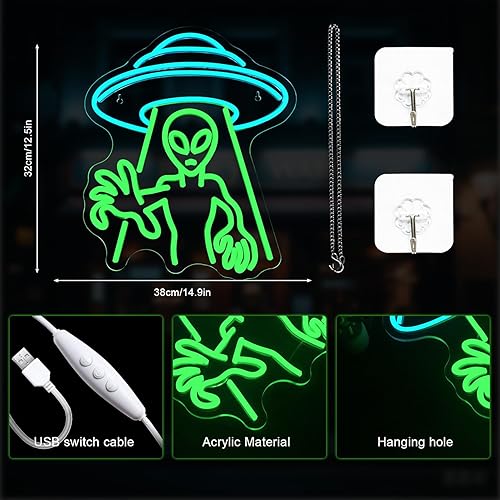 Miniatura 7 de Lucunstar Letrero de neón OVNI, letrero de neón para habitación, letrero de neón LED de nave espacial, letreros de neón espaciales para decoración