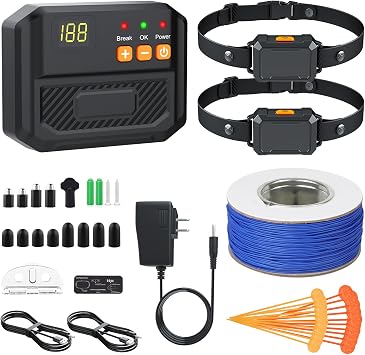 PcEoTllar Electric Fence for Dogs, Underground Dog Fence System, 2 x Waterproof and Rechargeable Collars, with 656Ft Adjustable Boundary Wire, for Small Medium and Large Dogs