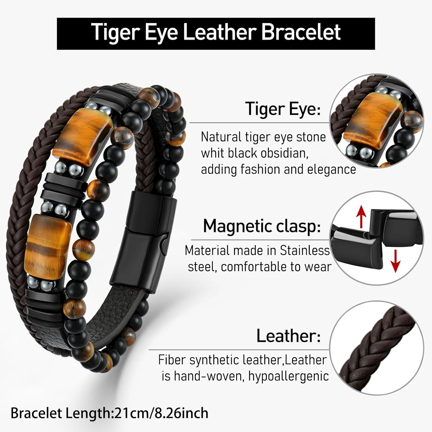 Mens Tiger Eye Leather Bracelet, Natural Tiger Eye Stone Beads Multi-Layer Braided Cuff Bracelets for Men, Stainless Steel with Buckle Memorial Bangle Gifts for Him - Image 4