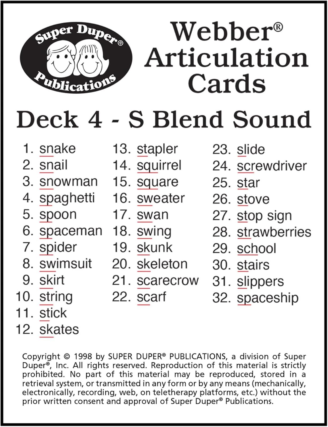 Super Duper Publications | Webber® Articulation Cards - S Blends | Speech Therapy - Articulation Flashcards | Educational Learning Resource for Children