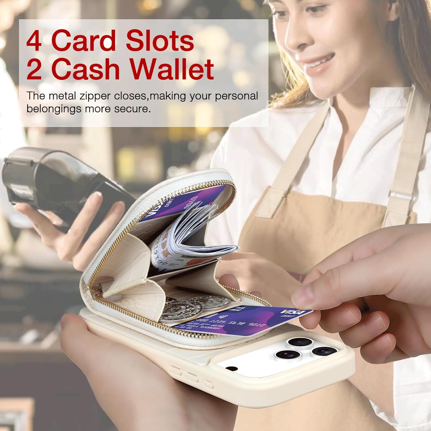 Hanman Magnetic Wallet Case for iPhone 17 Pro Max,RFID Blocking Leather Zipper Purse Magnetic Case with Chain Patche for iPhone 17 Pro Max,2 in 1 Detachable Magnetic Wallet Cover-Beige