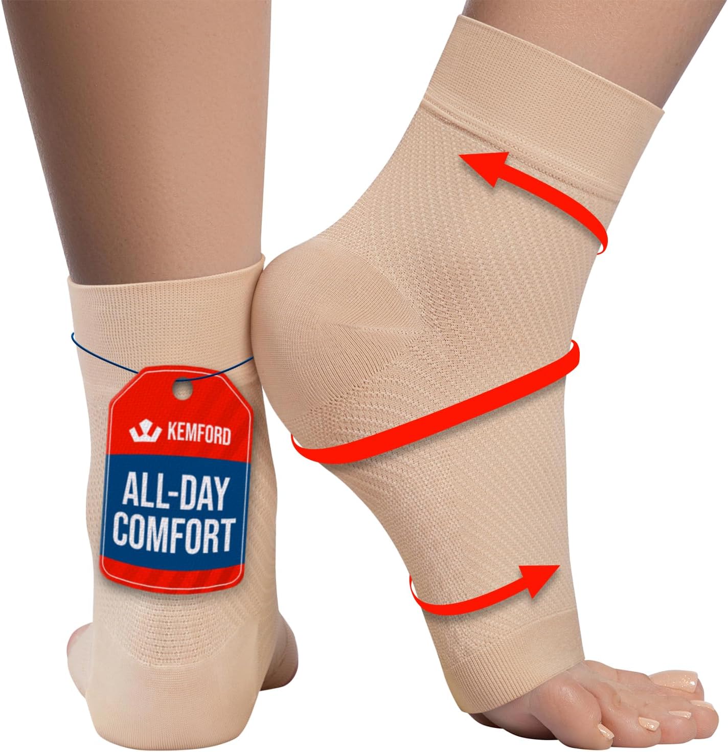 KEMFORD Ankle Compression Sleeve - Plantar Fasciitis Braces - Open Toe Compression Socks for Swelling, Sprain, Neuropathy, Foot Arch Support for Men and Women - 20-30mmhg, S, Beige